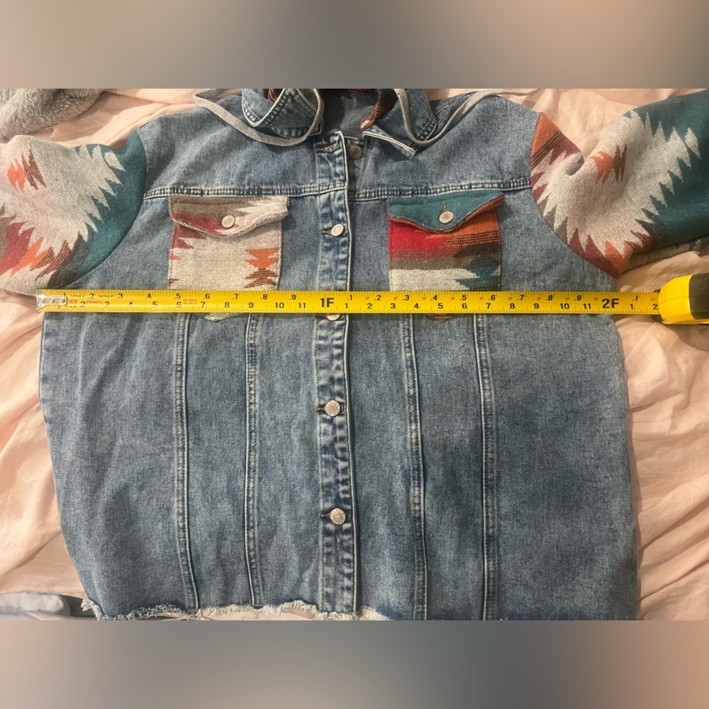 Aztec print knit sleeved denim jacket hoodie boho size xl - Picture 6 of 6
